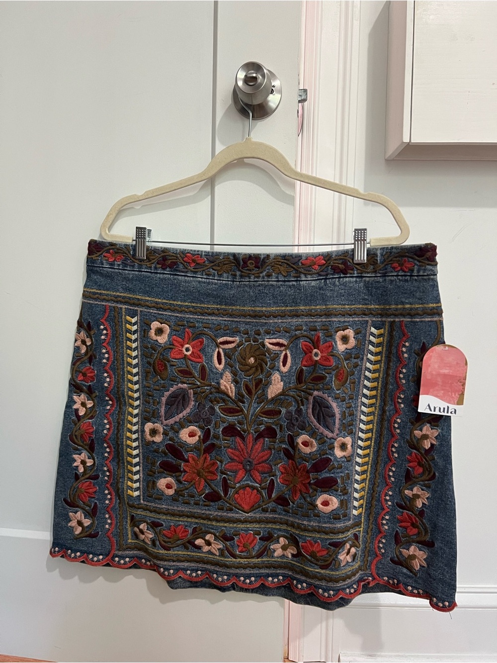 ARULA Embroidered Denim Mini Skirt - Blue, Red & Pink